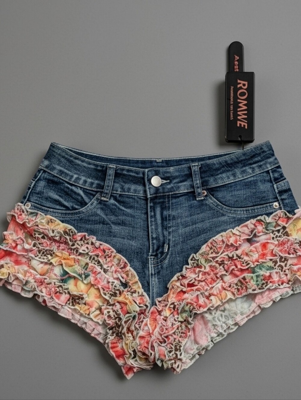 ROMWE Blue Denim Shorts with Pink Coral Cream Ruffle Trim NWT Size M